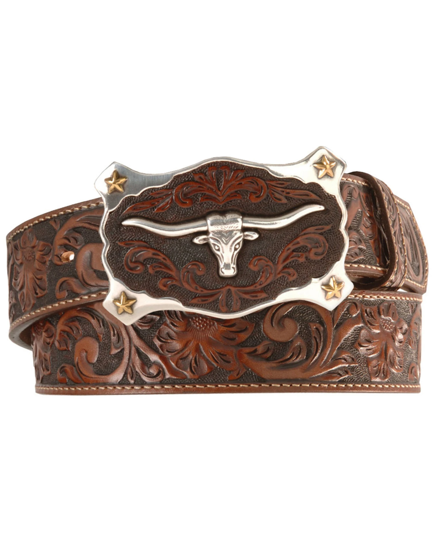 Justin Men's Longhorn Buckle Leather Belt - Reg. & Big 3 Justin Men's Longhorn Buckle Leather Belt - Reg. & Big