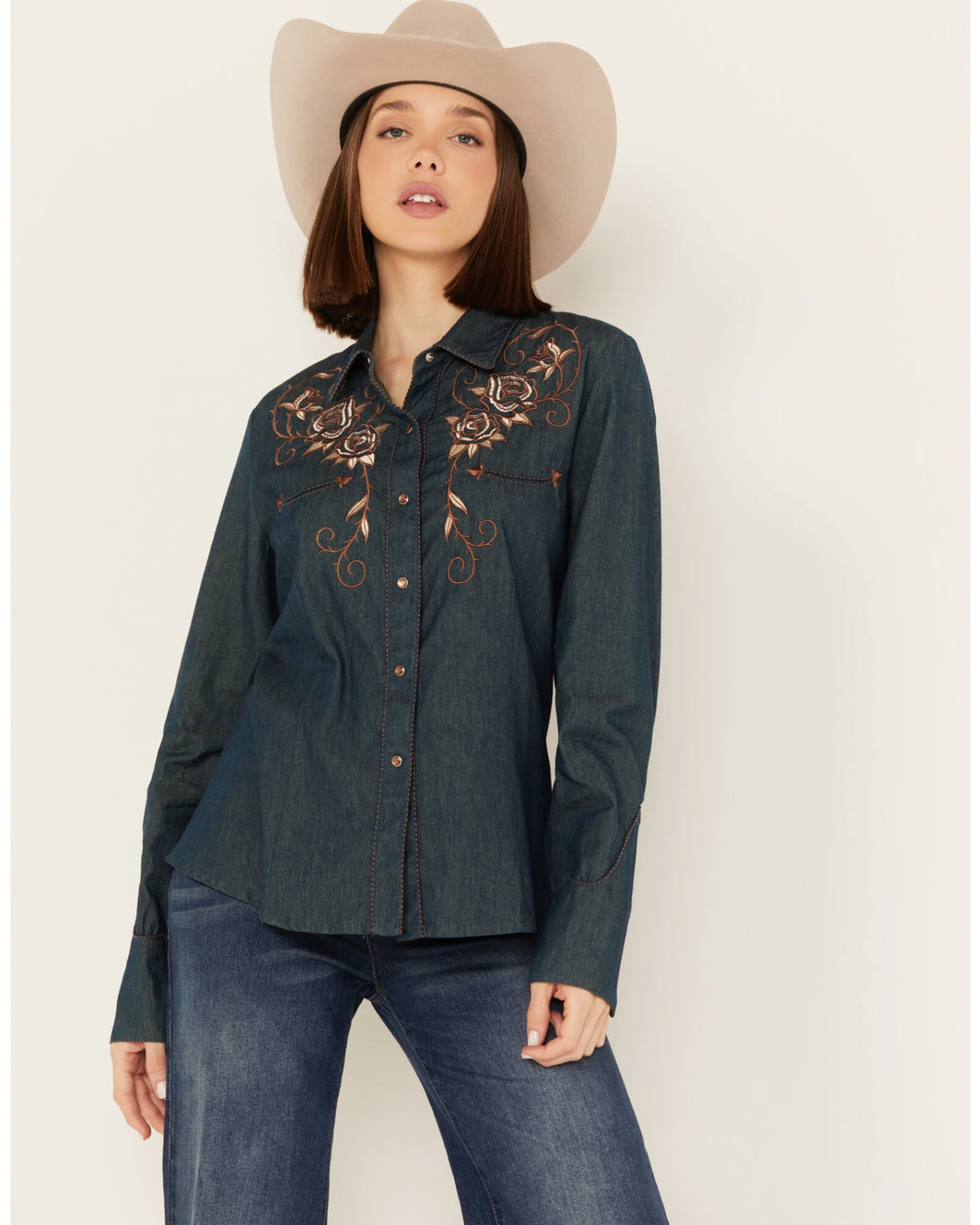 Scully Women's Rose Embroidered Denim Long Sleeve Pearl Snap Western Shirt 4 Scully Women's Rose Embroidered Denim Long Sleeve Pearl Snap Western Shirt - Image 2