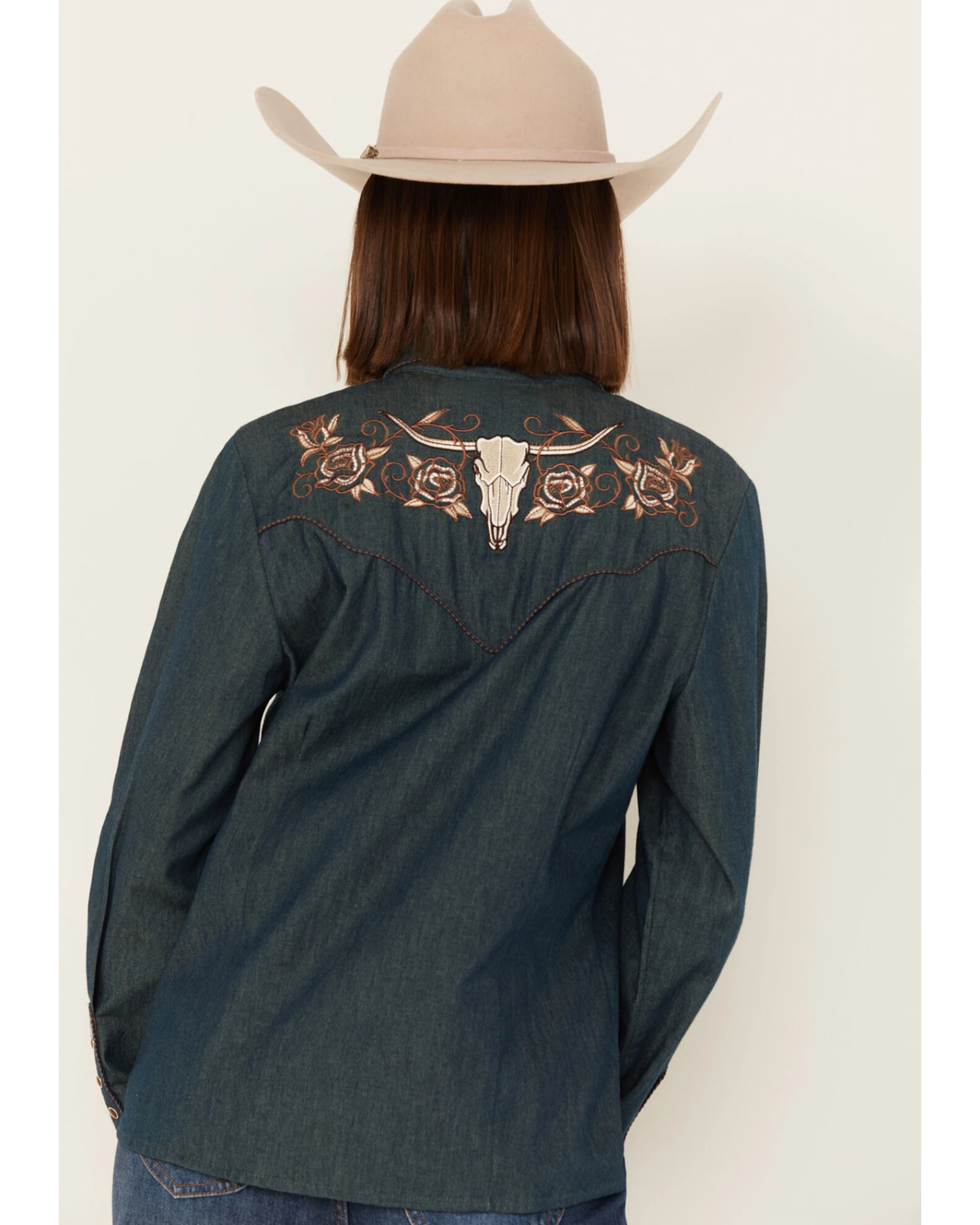 Scully Women's Rose Embroidered Denim Long Sleeve Pearl Snap Western Shirt 3 Scully Women's Rose Embroidered Denim Long Sleeve Pearl Snap Western Shirt