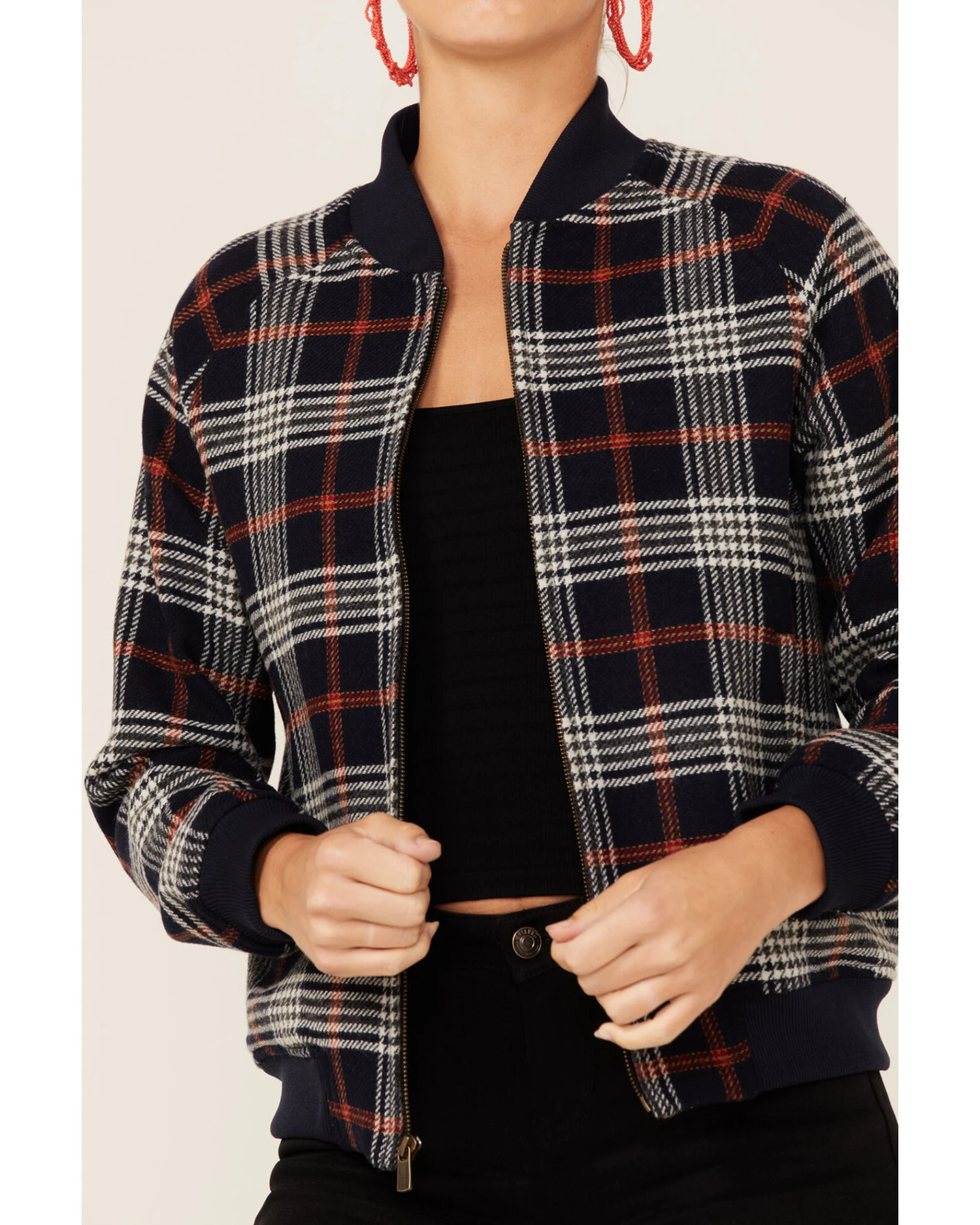 Pendleton Women's Navy & Red Plaid Wool Bomber Jacket 6 Pendleton Women's Navy & Red Plaid Wool Bomber Jacket - Image 4