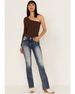 Miss Me Women's Dark Wash Mid Rise Puff Cross Tonal Denim Bootcut Jeans -Western Cowboy Equipment Store 2000364479 400 P3