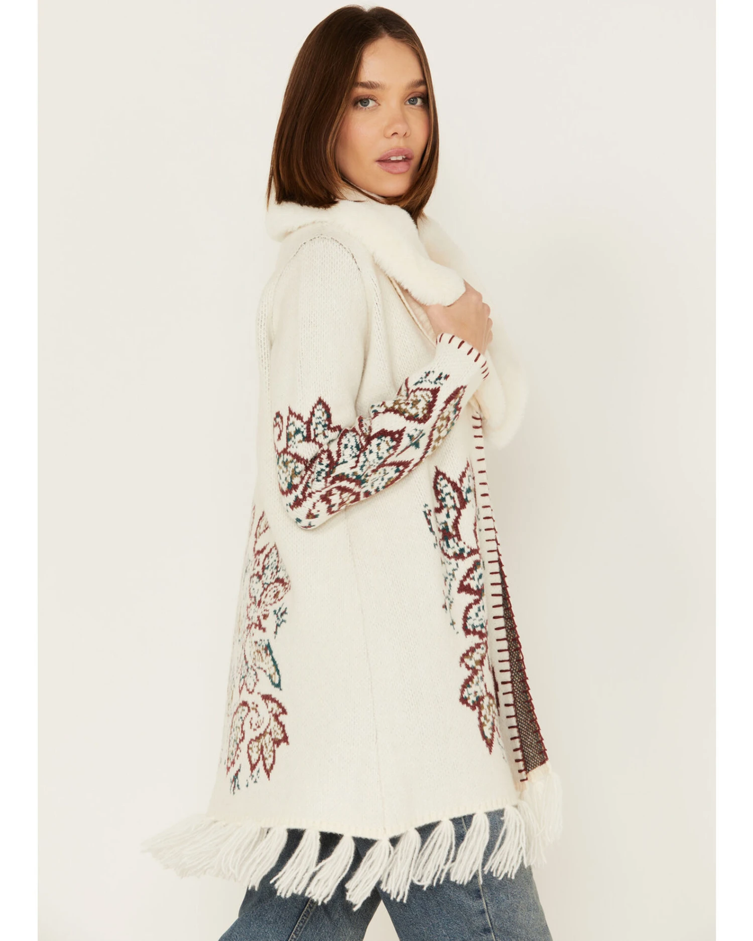 Shyanne Women's Paisley Knit Fringe & Faux Fur Cardigan 5 Shyanne Women's Paisley Knit Fringe & Faux Fur Cardigan - Image 3