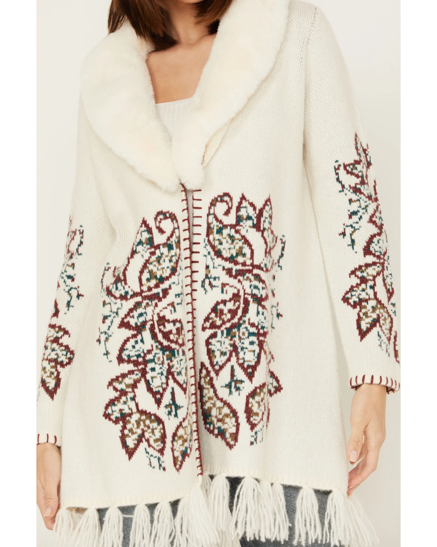 Shyanne Women's Paisley Knit Fringe & Faux Fur Cardigan 4 Shyanne Women's Paisley Knit Fringe & Faux Fur Cardigan - Image 2