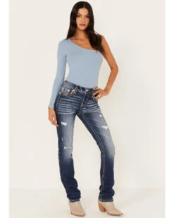 Miss Me Women's Dark Wash Mid Rise Embroidered Rhinestone Distressed Straight Jeans 8 Miss Me Women's Dark Wash Mid Rise Embroidered Rhinestone Distressed Straight Jeans -Western Cowboy Equipment Store 2000378168 401 P3